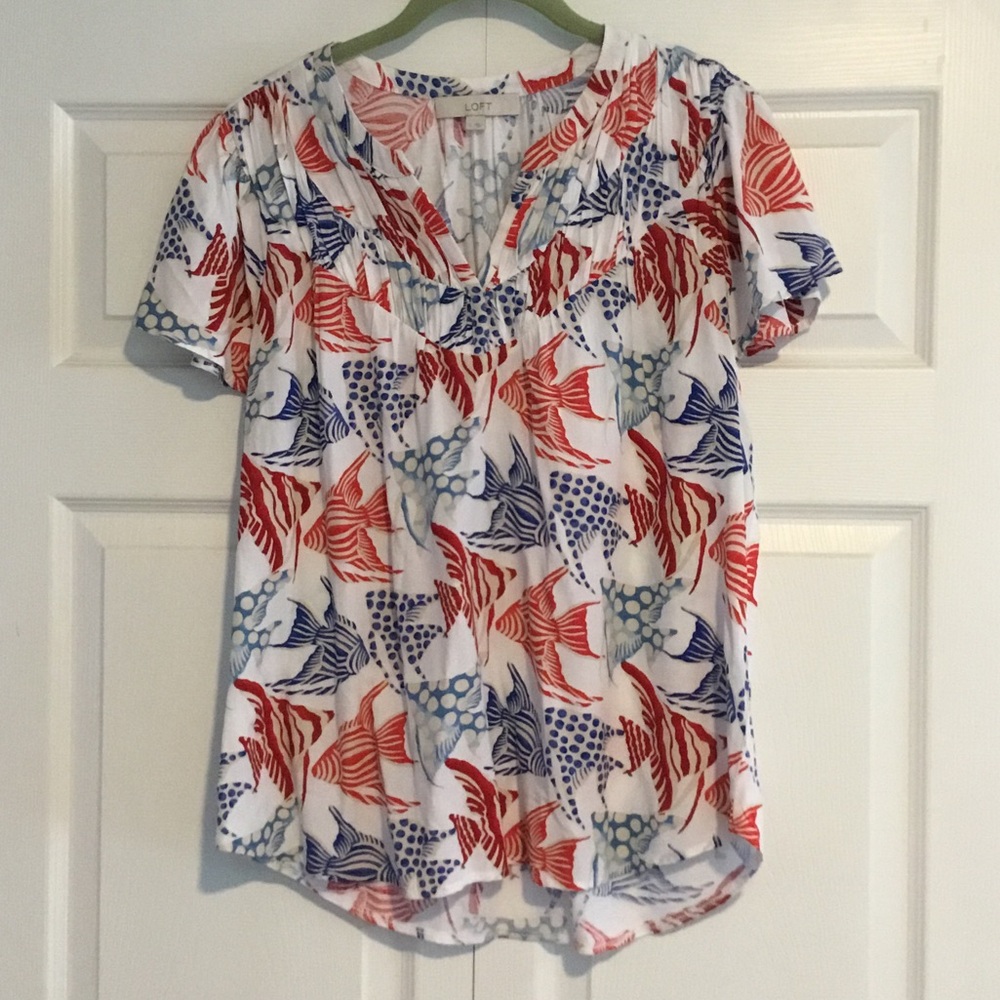 LOFT Red and Blue Fish Print Blouse
